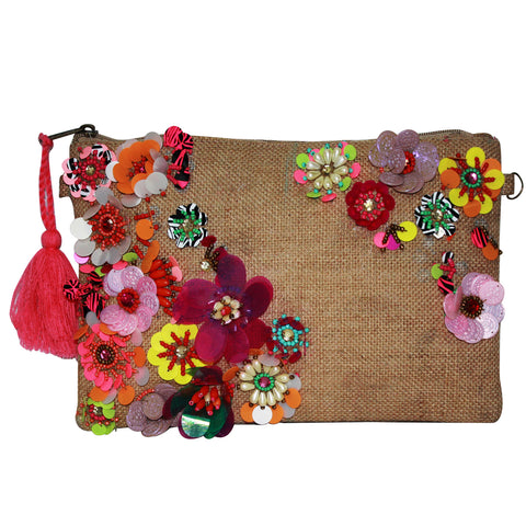 Flower Me Happy Embellished flower clutch-Tan